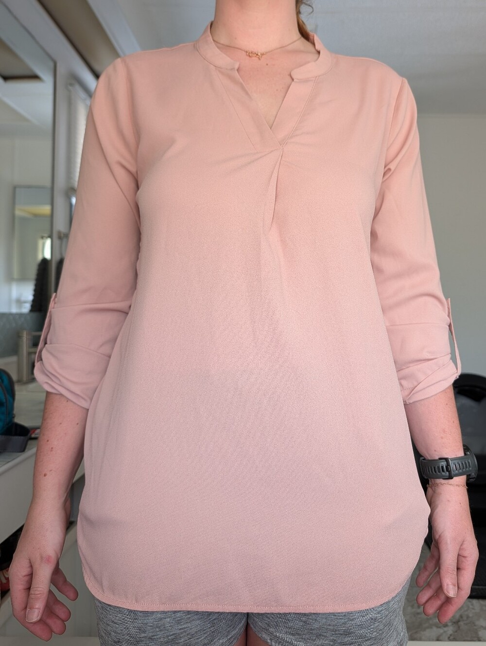 Women's Blush Pink Split-Neck Roll-Sleeve Blouse